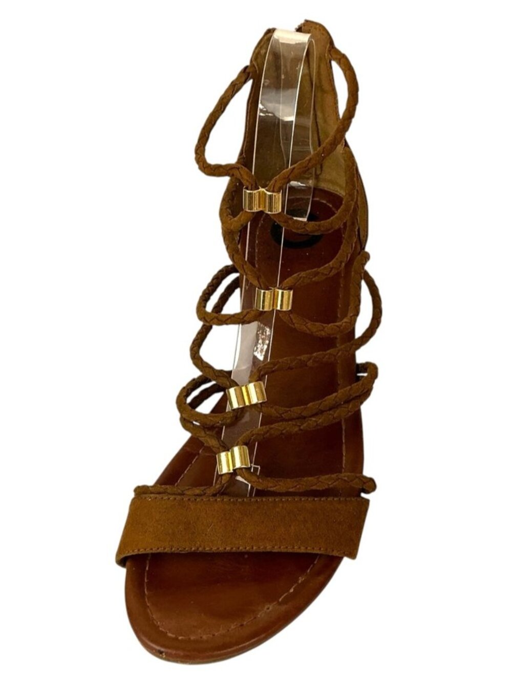 Guess Gladiator Sandals Suede Leather Strappy Gold Accents Brown 8 1/2 Medium - Picture 3 of 16